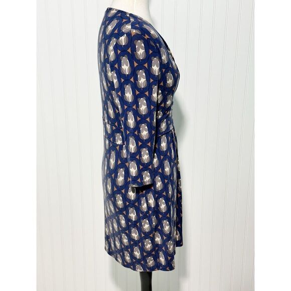 Boden Women's Geometric Print V Neck Ruched Midi Dress Long Sleeve Blue Size 10‎ - Picture 4 of 11
